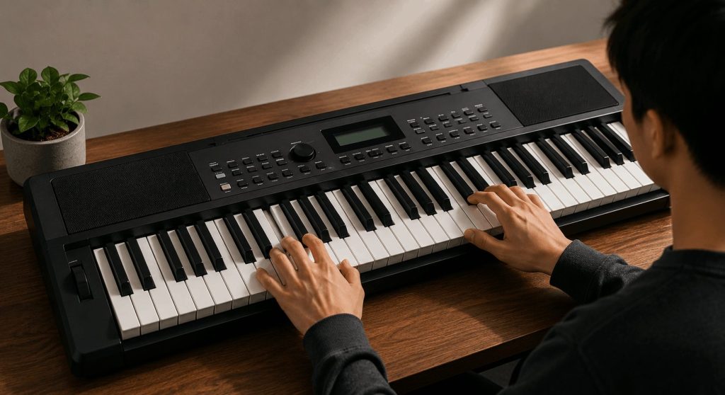 Beginner practicing on a compact 61-key piano with simple controls and built-in speakers for home learning.