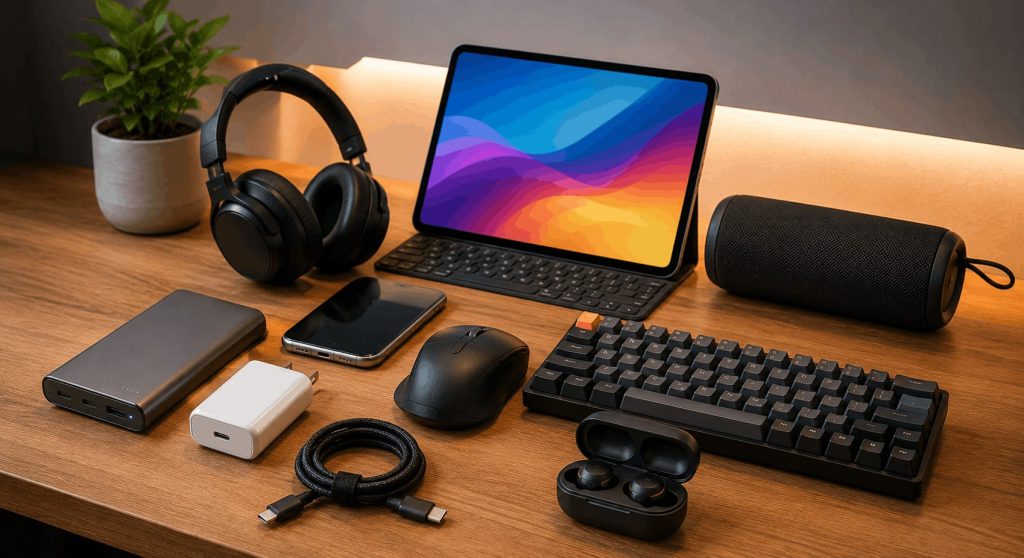 Affordable electronics including headphones, keyboard, speaker, charger, and accessories offering premium-like performance.