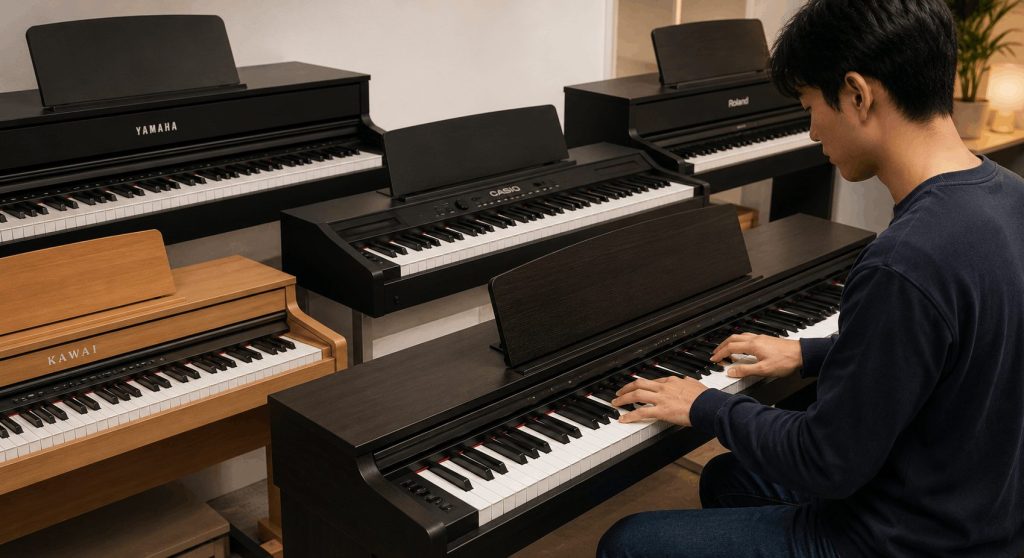 Beginner testing digital pianos from trusted brands to compare key feel, sound quality, and comfort.