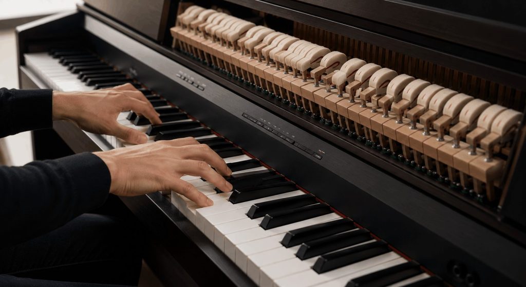 Pianist testing weighted keys with visible hammer action to compare realistic resistance and acoustic-style feel.