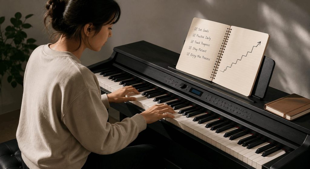 Self-taught pianist practicing consistently at home while tracking progress and building confidence.