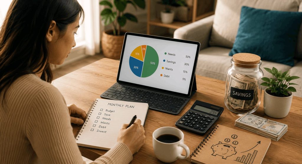 Woman planning monthly expenses and savings at home to build a practical budget-friendly lifestyle.
