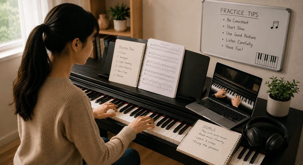 Self-taught beginner practicing piano at home with online lessons, sheet music, and a structured learning routine.