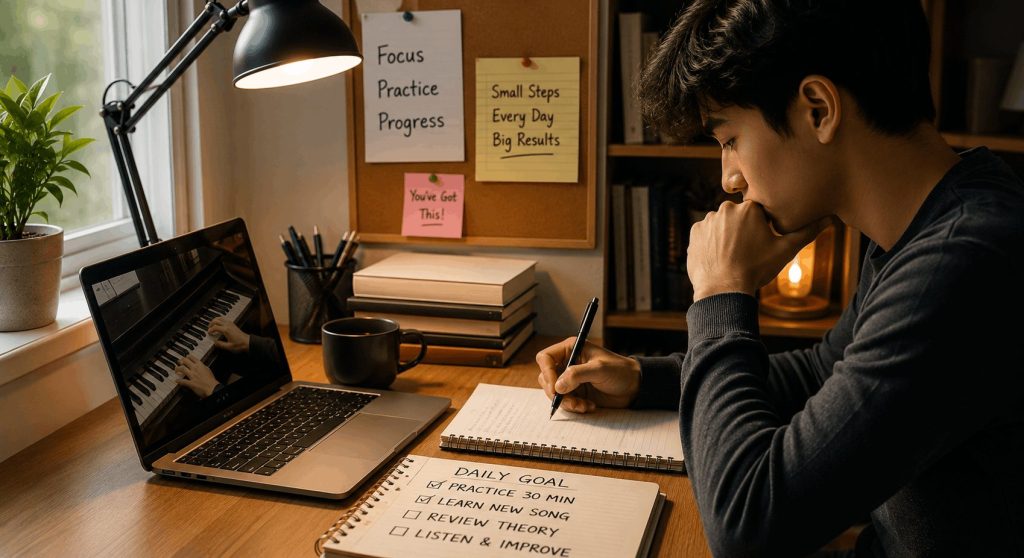 Self-learner following an online piano lesson at home while tracking practice goals and progress independently.