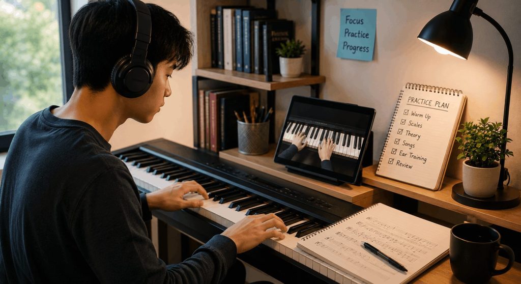 Self-taught musician practicing piano at home with online lessons, sheet music, and a structured routine.