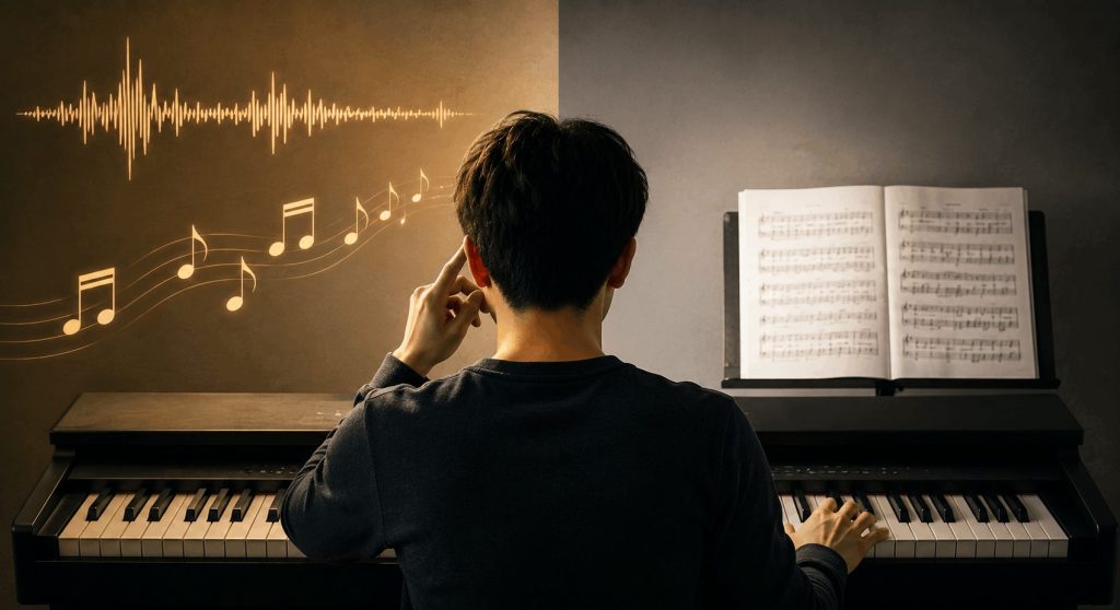 Pianist comparing learning by ear with reading sheet music while practicing on a digital piano.