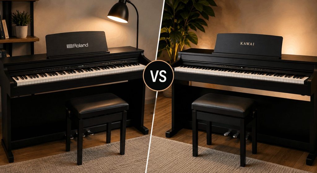 Roland and Kawai digital pianos compared side by side for key feel, sound, design, features, and overall value.