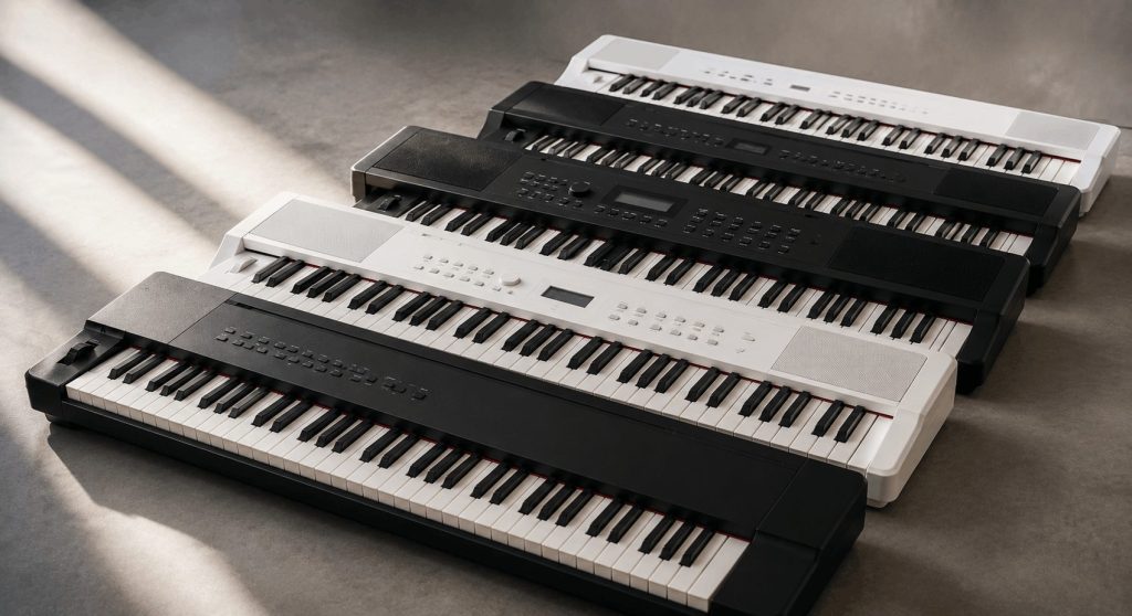 Affordable digital pianos compared side by side, highlighting quality keys, controls, speakers, and practical value.