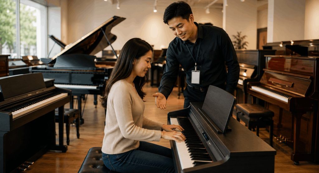 Shopper testing a digital piano with help from a salesperson inside a trusted local piano store.