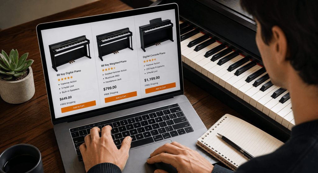 Shopper comparing digital piano prices, features, ratings, and quality online before choosing the best deal.