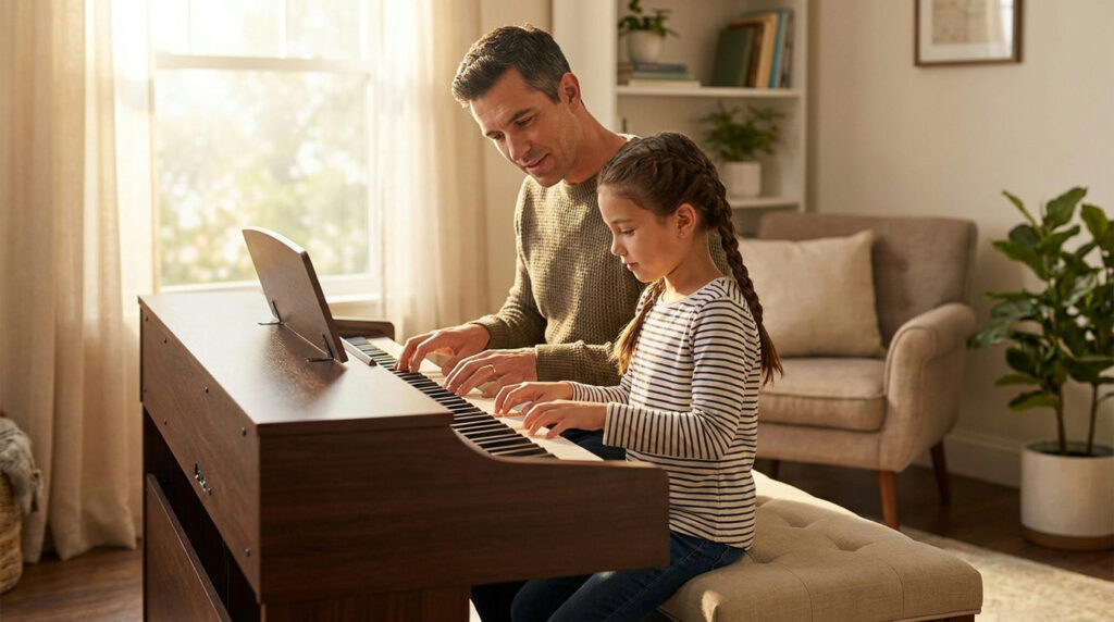 Adult and child using digital piano duo mode, each playing on their own half of the keyboard
