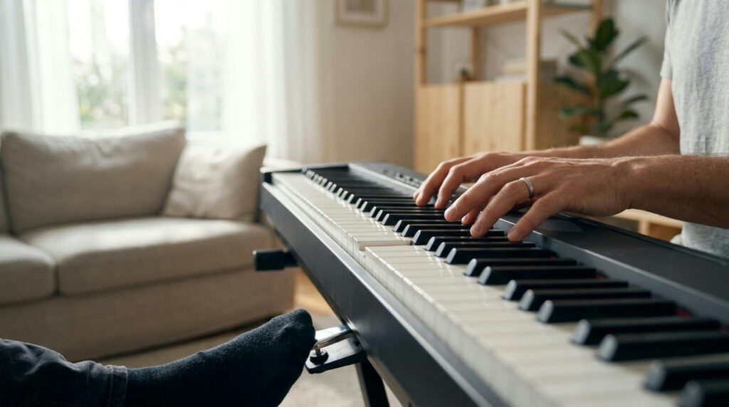Hands playing a chord with the sustain pedal down, illustrating digital piano polyphony