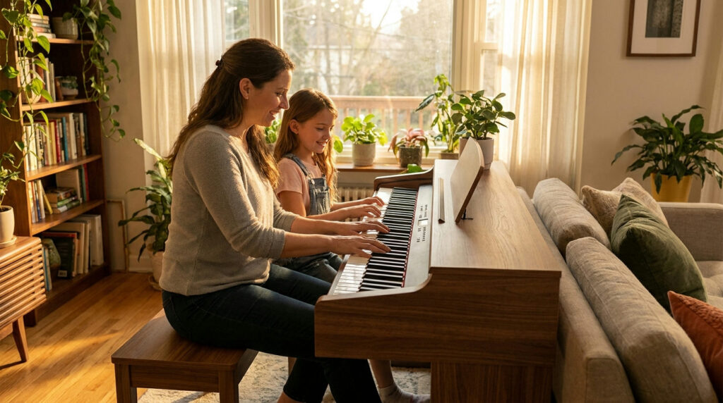 Adult and child using digital piano split mode, each playing one half of the keyboard