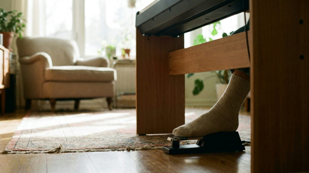 Foot pressing a digital piano sustain pedal under a home digital piano